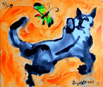 Verspielte Katze und Schmetterling von Kanat Ibragimov