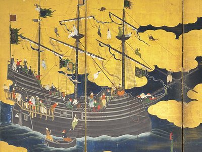 Detail der südlichen Barbaren kommen zum Handel, Paar von sechs Paneel-Bildschirmen, frühes 17. Jahrhundert von Kano Naizen