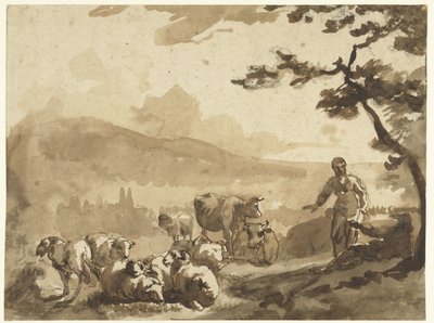 Berglandschaft mit Hirten bei ihrer Schaf- und Kuhherde von Karel Du Jardin