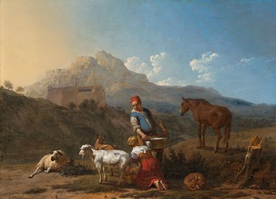 Italienische Landschaft mit Mädchen, das eine Ziege melkt von Karel Du Jardin