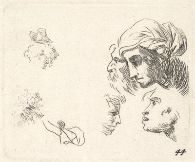 Studie von Köpfen im Profil, eine Frau mit Kopftuch und ein bärtiger Mann, deren Köpfe ..., ca. 1641-78 von Karel Du Jardin