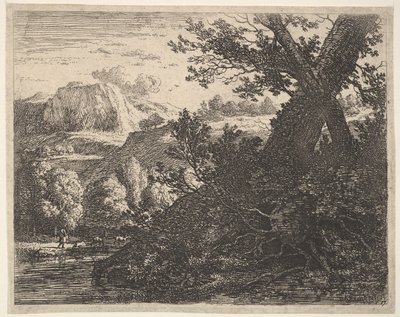 Baum mit freigelegten Wurzeln neben einem Bach, hügelige Landschaft und ein Mann, der dahinter geht von Karel Du Jardin
