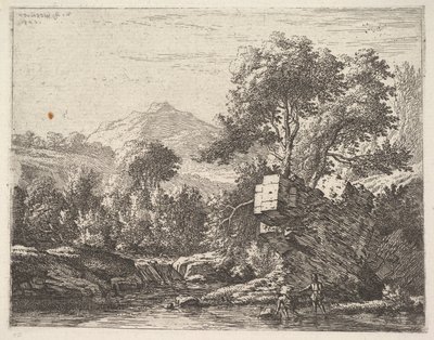 Zwei Männer stehen knöcheltief im Wasser mit einem felsigen Vorsprung dahinter, links, 1658 von Karel Du Jardin