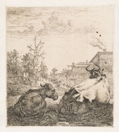 Liegende Kuh mit Kalb von Karel du Jardin (signed by artist)