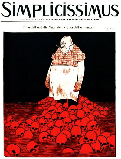 Titelblatt der deutschen Zeitschrift Simplicissimus (ca. 1940) zeigt Churchill und einen Fluss aus Blut und Schädeln von Karl Arnold