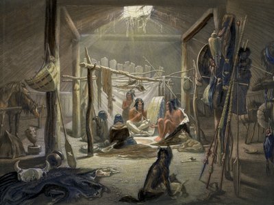 Das Innere einer Hütte eines Mandan-Häuptlings, Tafel 19 aus Band 2 von Reisen im Inneren Nordamerikas, graviert von Narcisse Desmadryl, 1844 (Detail) von Karl Bodmer
