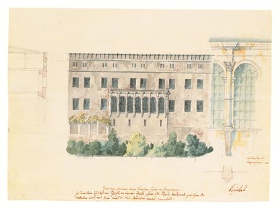Ein Entwurf für ein neues Treppenhaus an der Nordfassade des Schlosses in Stettin, mit einer Nebenskizze der Loggia, einem Querschnitt der Fassade und einem Pilaster, ca. 1840 von Karl Friedrich Schinkel