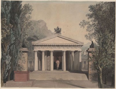 Alceste (?). Oper von Christoph Willibald Gluck. Entwurf zu einer Dekoration. Dorischer Tempel in südlicher Landschaft von Karl Friedrich Schinkel