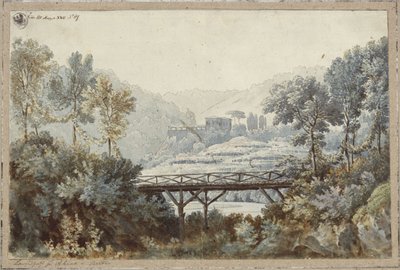 Aline, Königin von Golkonda. Oper von Henri-Montan Berton. Entwurf zur 2. Dekoration. Landschaft mit Fluss und Brücke von Karl Friedrich Schinkel
