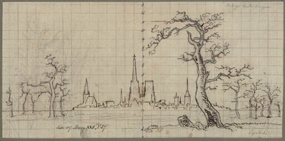 Ansicht einer Stadt mit hoch aufragender Kathedrale in einer winterlichen Landschaft von Karl Friedrich Schinkel