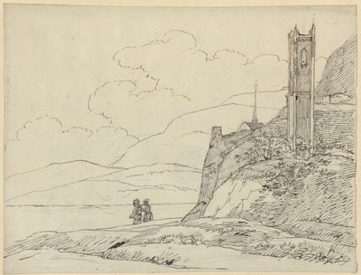 Berglandschaft mit Turmruinen und Figuren von Karl Friedrich Schinkel