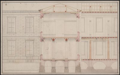 Berlin. Akademiegebäude Unter den Linden. Teilaufriss der Fassade, Teillängsschnittdetail und Querschnitt von Karl Friedrich Schinkel