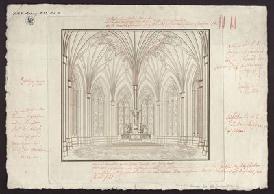 Berlin, Spittelmarkt. Entwurf zur Gertraudenkirche. Innenansicht des Chores, mit Korrekturen von Karl Friedrich Schinkel