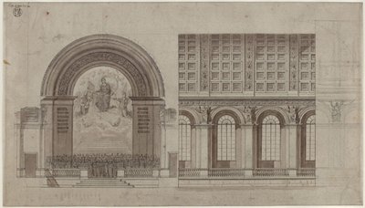 Berlin, Unter den Linden. Entwurf zu einem Saal für die Singakademie im rückwärtigen Flügel der Akademie der Künste. Querschnitt und Längsschnitt von Karl Friedrich Schinkel