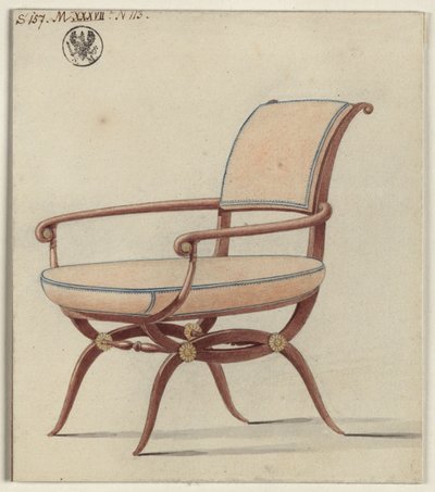 Berlin, Unter den Linden. Königliches Palais, Chamois-Zimmer Friedrich Wilhelms III. Entwurf zu einem Armlehnstuhl von Karl Friedrich Schinkel