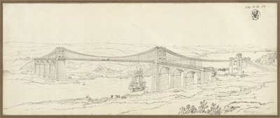 Blick auf die Hängebrücke über die Menai Strait bei Bangor in Wales von Karl Friedrich Schinkel