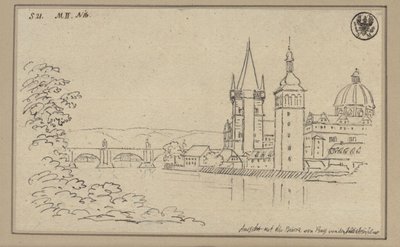 Blick auf die Karlsbrücke in Prag mit dem Altstädter Brückenturm und der Kuppel der Kreuzherrenkirche von Karl Friedrich Schinkel