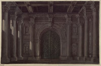 Braut von Messina. Trauerspiel von Friedrich Schiller. Entwurf zur 1. und zur letzten Dekoration. Halle mit Säulen und Portal von Karl Friedrich Schinkel