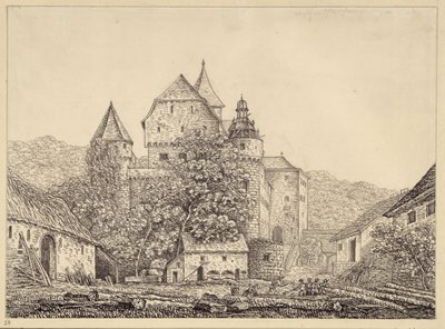 Burgartige Gebäudekomplex in Berglandschaft von Karl Friedrich Schinkel