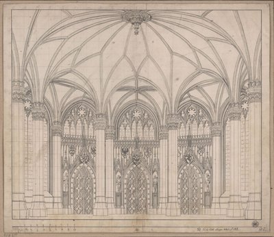 Dekoration zum allgemeinen Gebrauch. Gotisches Zimmer mit drei Türen und breiten Fenstern von Karl Friedrich Schinkel