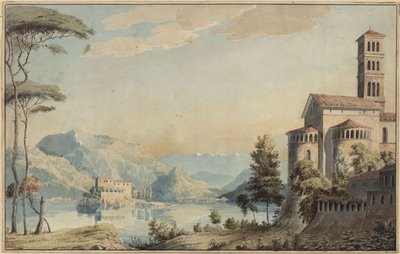 Dekoration zum allgemeinen Gebrauch. Landschaft mit See und Kirche von Karl Friedrich Schinkel