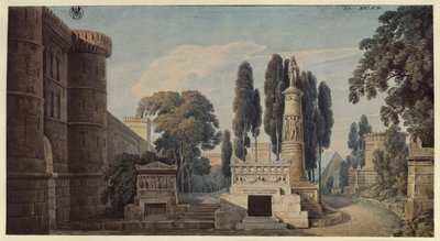 Die Vestalin. Oper von Gaspare Spontini. Entwurf zur 3. Dekoration. Ansicht einer antiken römischen Gräberstraße von Karl Friedrich Schinkel