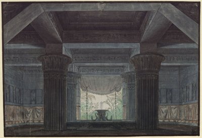 Die Zauberflöte. Oper von Wolfgang Amadeus Mozart. Entwurf zur 3. Dekoration. Halle in Sarastros Burg von Karl Friedrich Schinkel