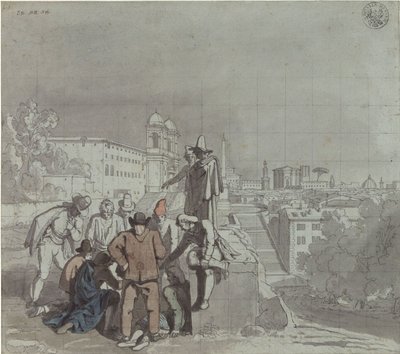 Eine Gruppe von Spielern mit der Kirche Santa Trinità dei Monti in Rom im Hintergrund von Karl Friedrich Schinkel
