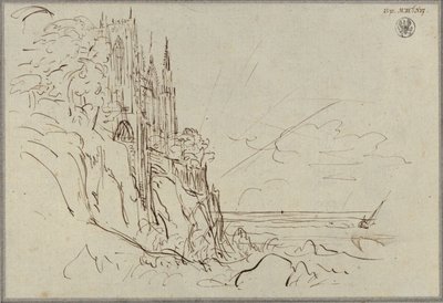 Eine gotische Kirche an einer steilen Meeresküste vor aufgehender Sonne von Karl Friedrich Schinkel