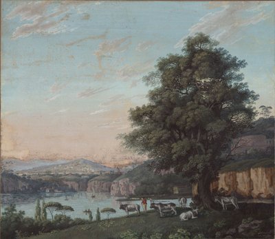 Italienische Ideallandschaft mit Baum, Herde und Bergen von Karl Friedrich Schinkel