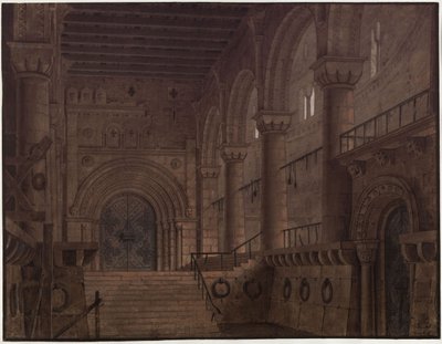 König Yngurd. Trauerspiel von Adolf Müllner. Entwurf zur 5. Dekoration. Saal im Turm mit der Todespforte von Karl Friedrich Schinkel