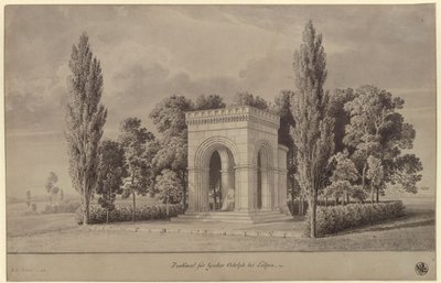 Lützen. Entwurf zu einem Denkmal für König Gustav II. Adolf von Schweden in Form einer romanischen Halle über dem Schwedenstein mit angefügter Apsis. Ansicht von Karl Friedrich Schinkel
