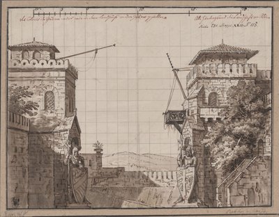 Ratibor und Wanda. Schauspiel von Jakob Andreas Konrad Levezow. Entwurf zur 3. Dekoration. Kastell mit Ausblick auf Berge von Karl Friedrich Schinkel