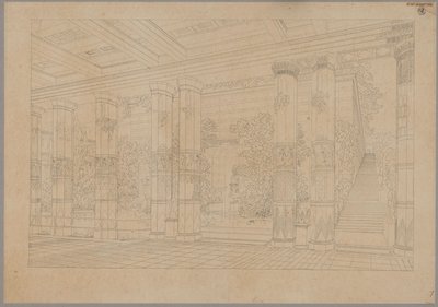 Schloss Orianda auf der Krim. Antikischer Entwurf. Perspektivische Ansicht des Portikus des Kaiserhofes mit Bassin und Museum von Karl Friedrich Schinkel