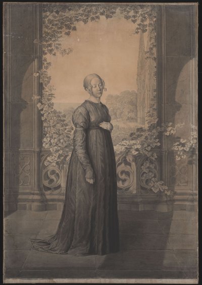 Susanne Schinkel in einem altdeutschen Kleid vor einer gotischen Architektur, im Hintergrund eine Landschaft mit einer gotischen Kathedrale von Karl Friedrich Schinkel