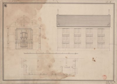 Tillendorf (Bolesławice, Regierungsbezirk Liegnitz). Entwurf zur evangelischen Kirche. Grundriss, Aufriss der Seitenfassade und Querschnitt von Karl Friedrich Schinkel