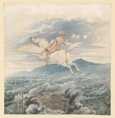 Weibliche Figur (Seifenbläserin) als Allegorie auf Christian Peter Wilhelm Beuth, den Pegasus über einer Industriestadt reitend von Karl Friedrich Schinkel