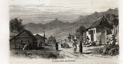 Das kreolische Lager in Port Louis, Zeichnung von Karl Girardet (1813-1871), zur Illustration des Aufenthalts von Alfred Verney auf Mauritius im Jahr 1861. Gravur in „Le tour du monde“, herausgegeben von Edouard Charton von Karl Girardet