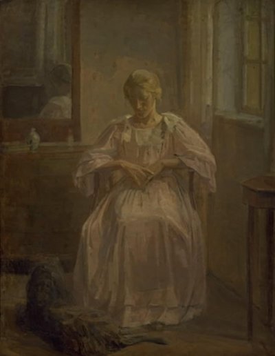 Ein junges Mädchen, Sophie Lofthus, mit einem Hund von Karl Schou
