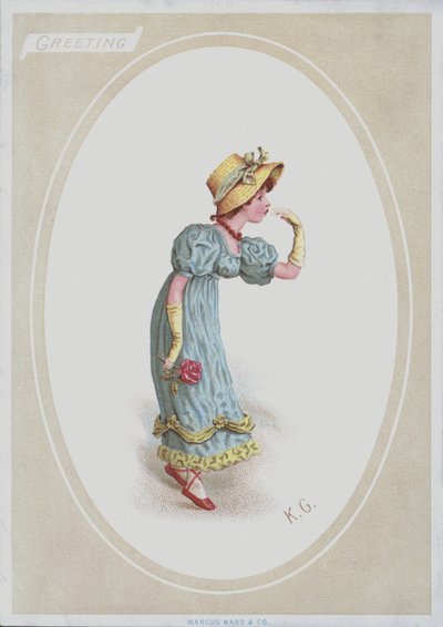 Mädchen im blauen Kleid, mit Strohhut, hält eine Rose (Farblithographie) von Kate (after) Greenaway