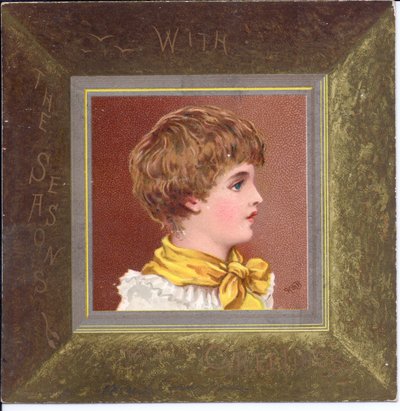 Viktorianische Neujahrskarte eines Mädchens in Regency-Kleidung mit blauem Hut, ca. 1880 von Kate Greenaway