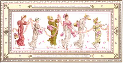 Viktorianische Grußkarte eines Kindes mit gelbem Schal um den Hals, ca. 1880 von Kate Greenaway
