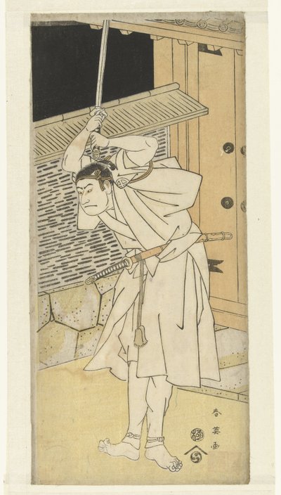 Schauspieler Otani Oniji mit erhobenem Schwert, stehend bei einem Tor; bei Nacht von Katsukawa Shunei