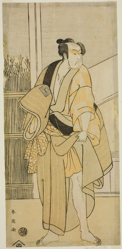 Der Schauspieler Ichikawa Monnosuke II als Hiranoya Tokubei (?) im Stück Waka Murasaki Edokko Soga (?), aufgeführt im Ichimura Theater (?) im dritten Monat, 1792 (?) von Katsukawa Shun