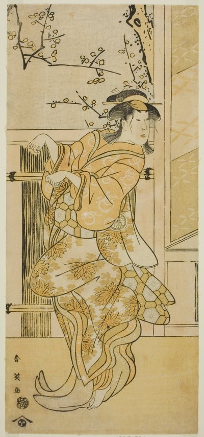 Der Schauspieler Segawa Kikunojo III als Kojoro-gitsune (weiblicher Fuchs) verkleidet als Omiki im Stück Komachi-mura Shibai no Shogatsu, aufgeführt im Nakamura-Theater im elften Monat, 1789 von Katsukawa Shun