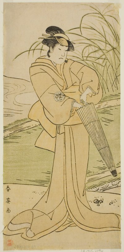 Der Schauspieler Yamashita Kinsaku II als Okaya im Stück Yomogi Fuku Noki no Tamamizu, aufgeführt im Kiri-Theater im fünften Monat, 1795 von Katsukawa Shun
