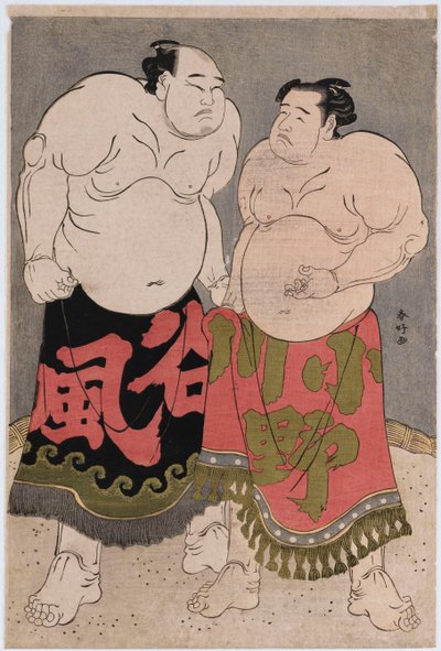 Ganzkörperporträts der Ringer Onogawa Kisaburo, rechts, und Tanizake Kajinosuke, links von Katsukawa Shunko