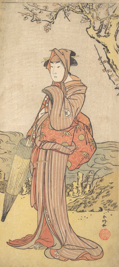 Iwai Kiyotaro als Frau unter einem Pflaumenbaum stehend, ca. 1788 von Katsukawa Shunko