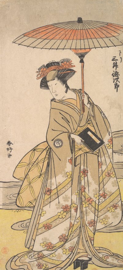 Mimasu Tokujuro als Frau, die in der Nähe eines gewundenen Baches steht, ca. 1780 von Katsukawa Shunko