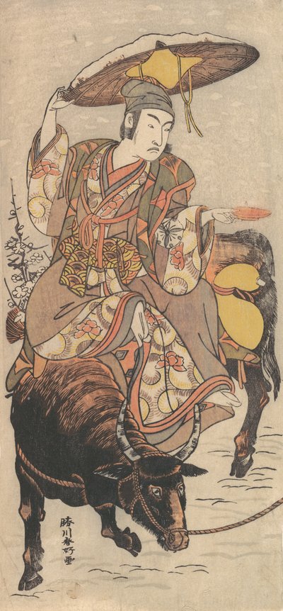 Der Schauspieler Matsumoto Koshiro IV auf einem Ochsen in einem Schneesturm, ca. 1790 von Katsukawa Shunko